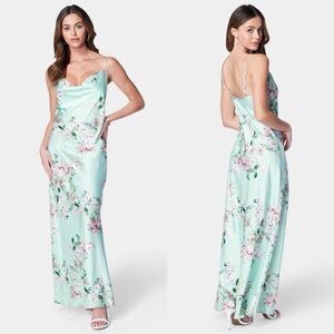 Bebe Floral Satin Cowl Neck Maxi Dress NWT